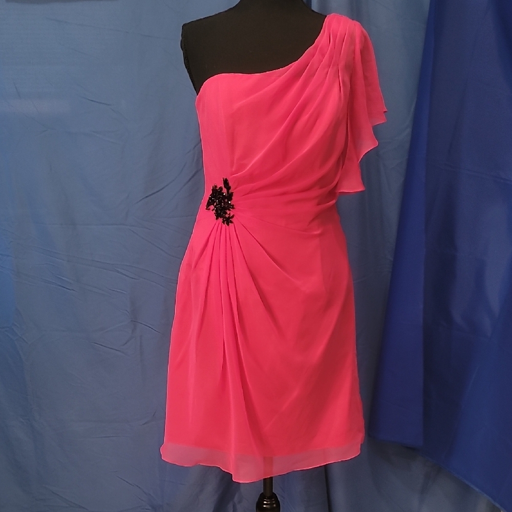 Elegant Davinci Fuchsia Chiffon Over Satin One-Shoulder Dress Party Formal Sz 12